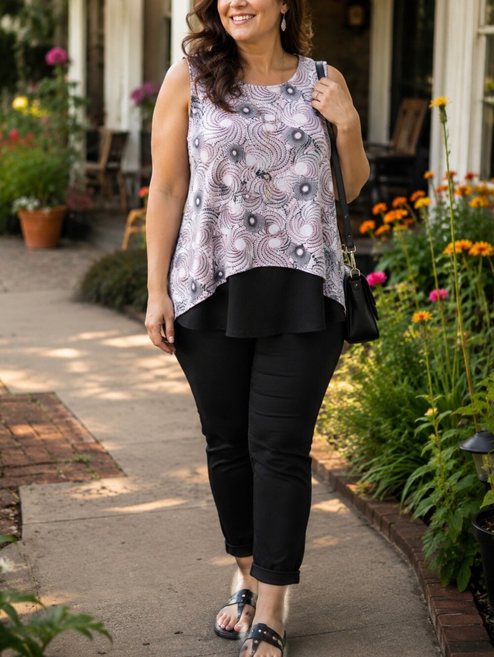 Papa Vancouver Pink Black Swirl Sleeveless Layered Tunic Tank Top Casual Summer
